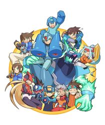  2girls 6+boys aile_(mega_man_zx) android arm_cannon arm_up ashe_(mega_man) biometal blonde_hair blue_eyes bracelet brown_eyes brown_hair carrying closed_eyes commentary_request crossed_arms crystal gem geo_stelar_(mega_man) gloves green_eyes grey_(mega_man) grey_hair hand_gesture headband helmet holding jewelry kin_niku lan_hikari_(mega_man) layered_sleeves lolicon long_hair long_sleeves mega_man_(character) mega_man_(classic) mega_man_(series) mega_man_battle_network_(series) mega_man_legends_(series) mega_man_star_force mega_man_volnutt mega_man_x_(series) mega_man_zero_(series) mega_man_zx mega_man_zx_advent megaman.exe model_x_(mega_man) model_z_(mega_man) multiple_boys multiple_girls netnavi omega-xis_(mega_man) one_eye_closed open_mouth panicking robot short_hair short_over_long_sleeves short_sleeves shoulder_carry sitting smile spiked_hair star_force_mega_man teeth vent_(mega_man) weapon white_gloves x_(mega_man) zero(z)_(mega_man) zero_(mega_man) 