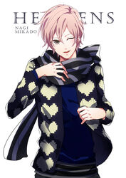  1boy commentary_request grey_eyes highres jacket male_focus mikado_nagi one_eye_closed open_mouth pink_hair scarf simple_background suzuhara_(asparadise) uta_no_prince-sama uta_no_prince-sama_maji_love_2000_percent white_background 