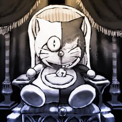  animal bear bell chair commentary_request crossover danganronpa_(series) doraemon doraemon_(character) feline full_body fusion ichinoniwa indoors looking_at_viewer monocle monodora monokuma muted_color no_humans one-eyed ooyama_nobuyo parody pillar sitting smile tail throne voice_actor_connection whiskers 