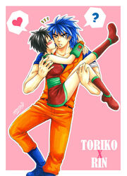  1boy ? black_hair blue_hair blush boots carrying character_name closed_eyes couple dated female from_side heart jumpsuit kissing leg_grab nail_polish outside_border outside_of_border princess_carry profile rin_(toriko) scar short_hair side signature simple_background toriko_(series) toriko_(toriko) 