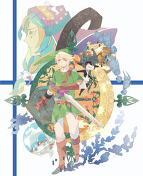  bad_id bad_pixiv_id beth blonde_hair blue_eyes earrings gloves hat helmet highres holding holding_sword holding_weapon ilia_(zelda) jewelry left-handed link malo master_sword midna multiple_boys multiple_girls pointy_ears red_eyes reverse_grip shield smile sword talo the_legend_of_zelda the_legend_of_zelda:_twilight_princess weapon yachi_kou 