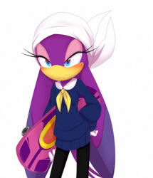  anthro avian bandana beak biped bird blue_eyes blush clothed clothing eyelashes feathers female grainy headkerchief hi_res hirundinid kerchief leggings legwear neckerchief ni-okaasan oscine passerine purple_body purple_feathers school_uniform sega simple_background skateboard solo sonic_riders sonic_the_hedgehog_(series) standing swallow_(bird) sweater topwear uniform vehicle wave_the_swallow white_background white_headkerchief white_kerchief 