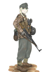  assault_rifle blonde_hair braid canteen combat_helmet commentary_request explosive female gaiters gloves green_eyes grenade gun gun_sling hair_over_shoulder hat helmet highres load_bearing_equipment looking_at_viewer magazine_(weapon) mardjan military military_hat military_uniform original pouch rifle shovel sigrunen simple_background soldier solo ss_insignia stahlhelm stg44 trigger_discipline twin_braids uniform weapon white_background world_war_ii 