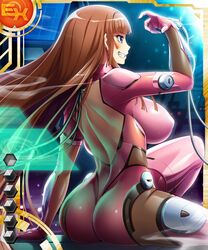  aoi_nagisa_(metalder) ass blue_eyes bodysuit breasts brown_hair card_(medium) curvy erect_nipples female female grin huge_breasts koukawa_asuka lilith-soft long_hair shiny shiny_skin sitting smile solo taimanin_(series) taimanin_asagi taimanin_asagi_3 taimanin_asagi_battle_arena very_long_hair 