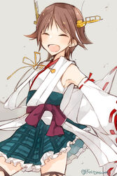  brown_hair commentary_request female hairband hiei_(kancolle) japanese_clothes kantai_collection karomura no_legwear nontraditional_miko photoshop_(medium) short_hair skirt smile solo 