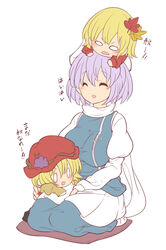  0_0 3girls ^_^ aki_minoriko aki_shizuha bad_id bad_pixiv_id blonde_hair blush chibi closed_eyes commentary_request food fruit grapes hair_ornament hat highres leaf leaf_hair_ornament letty_whiterock light_purple_hair multiple_girls on_head person_on_head shirokuma_(nankyoku) short_hair simple_background touhou translated white_background 