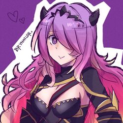  armor bad_id bad_pixiv_id black_armor breasts brynhildr97 camilla_(fire_emblem) chibi demon_horns female fire_emblem fire_emblem_fates hair_ornament hair_over_one_eye highres horns large_breasts long_hair looking_at_viewer purple_eyes purple_hair smile tiara 