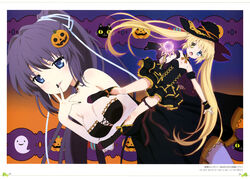  2girls absurdres black_dress black_footwear black_hair black_hat black_nails blonde_hair blue_eyes blue_ribbon boots breasts choker cleavage collarbone dress feline finger_to_mouth floating_hair full_body hair_ribbon halloween_costume hat heterochromia high_ponytail highres holding jack-o&#039;-lantern konohana_lucia long_hair looking_at_viewer magical_girl medium_breasts multiple_girls nail_polish nakatsu_shizuru open_mouth outstretched_arm pumpkin rewrite ribbon short_dress sleeveless sleeveless_dress small_breasts smile strapless strapless_dress thigh_strap twintails very_long_hair witch_hat wrist_cuffs yano_akane yellow_eyes 