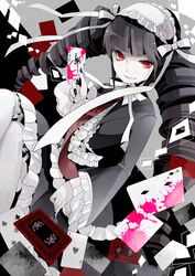  bati15 black_hair blood bonnet card celestia_ludenberg commentary_request danganronpa:_trigger_happy_havoc danganronpa_(series) dress drill_hair female frills gothic_lolita grin hairband lolita_fashion lolita_hairband long_hair necktie pink_blood playing_card red_eyes smile solo thighhighs twin_drills twintails 