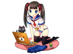  artist_request black_hair blue_eyes feline female laptop panties ribbons skirt skirt_removed tagme twintails 