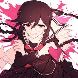  black_hair blood book braid brown_eyes clenched_teeth danganronpa danganronpa_1 fukawa_touko glasses heterochromia mayer paper red_eyes school_uniform scissors serafuku spoilers teeth twin_braids upper_body 