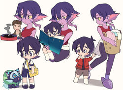  2boys ^_^ aged_down bag bandaid bandaid_on_knee bandaid_on_leg black_hair black_sclera book brown_hair closed_eyes colored_sclera colored_skin commentary_request family female frying_pan grey_eyes hood hoodie keith&#039;s_father_(voltron) keith_(voltron) kosmo krolia laundry laundry_basket lolicon messenger_bag miyata_(lhr) multicolored_hair multiple_boys open_mouth pink_hair purple_eyes purple_hair purple_skin reading shorts shoulder_bag smile smoke spoilers suspender_shorts suspenders tank_top two-tone_hair voltron:_legendary_defender voltron_(series) wolf yellow_eyes yellow_sclera 