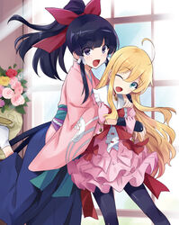  2girls :d ;d ahoge bad_link black_eyes black_hair black_legwear blonde_hair blue_eyes blue_hakama bow bowtie dress gloves hair_between_eyes hair_ribbon hairbow hakama hakama_skirt high_ponytail highres hug hug_from_behind isekai_wa_smartphone_to_tomo_ni. japanese_clothes jewelry kimono kokonoe_yae layered_dress leg_up long_hair multiple_girls necklace oerba_yun_fang one_eye_closed open_mouth pantyhose photoshop_(medium) pink_dress pink_gloves pink_kimono red_bow red_bowtie ribbon short_sleeves skirt smile socks soucie_elnea_ortlinde standing usatsuka_eiji very_long_hair white_legwear white_ribbon 