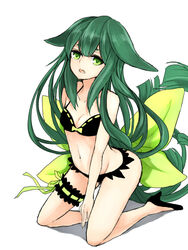  azure_luna bare_shoulders bikini black_bikini bow bridal_garter commentary_request female frilled_bikini frills gatchaman_crowds green_eyes green_hair highres kneeling large_bow long_hair lowleg lowleg_bikini miya_utsutsu simple_background solo swimsuit very_long_hair white_background 