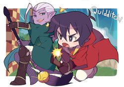  2boys black_hair broom broom_riding colored_sclera colored_skin commentary_request golden_snitch grey_eyes gryffindor harry_potter_(series) keith_(voltron) lotor_(voltron) male_focus miyata_(lhr) multiple_boys open_mouth purple_eyes purple_skin quidditch robe slytherin smile voltron:_legendary_defender voltron_(series) white_hair wizarding_world yellow_sclera 