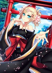  absurdres annie_leonhart black_kimono blonde_hair blue_eyes commentary_request female flower hair_flower hair_ornament highres japanese_clothes kimono mask sekigan shingeki_no_kyojin short_hair solo tree 