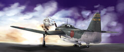  aircraft airplane b7a_ryuusei cloud commentary_request fairy_(kancolle) female headband highres kantai_collection katana long_hair nunnu_(bieeneco) ryuusei_(kancolle) school_uniform solo sword torpedo vehicle_focus weapon 