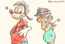  1990s 2014 4_fingers anthro backwards_baseball_cap backwards_hat baseball_cap black_hair black_nose blush boa_(clothing) brown_nose buckteeth canid canine canis chip_&#039;n_dale chipmunk clarice_(disney) clothed clothing disney domestic_dog dress duo eyewear female fingers fur gesture gloves goof_troop ground_squirrel hair hair_through_hat hand_gesture handwear hat headgear headwear heart_reaction heart_symbol heart_wink hoodie kurokuma824 male mammal max_goof one_eye_closed open_mouth open_smile pointing pose reaching_towards_viewer rodent sciurid silly smile star star_polygon star_reaction star_symbol sunglasses tan_body tan_fur teeth topwear white_clothing white_gloves white_handwear wink 