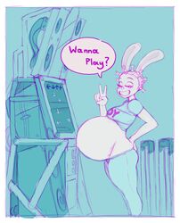  2017 anthro arcade belly bemani big_belly bottomwear closed_eyes clothed clothing crop_top dance_dance_revolution female freckles gesture hand_gesture konami lagomorph leporid long_ears mammal mindy_(susfishous) navel outie_navel pants pregnant rabbit shirt smile speaker speech_bubble susfishous text topwear v_sign 