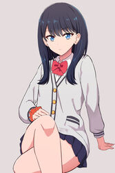  black_hair black_skirt blue_eyes bow bowtie breasts cardigan closed_mouth commentary_request crossed_legs female gridman_universe highres long_hair long_sleeves looking_at_viewer pleated_skirt red_bow red_bowtie school_uniform scrunchie shin&#039;yashiki simple_background sitting skirt solo ssss.gridman sweater swept_bangs takarada_rikka thighs white_sweater wrist_scrunchie 