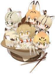  6+girls animal_ears animal_print blonde_hair blush bow bowl bowtie cat_ears cat_tail chopsticks commentary elbow_gloves fur_collar glasses gloves highres hirai_yukio jaguar_(kemono_friends) jaguar_ears jaguar_print kemono_friends lion_(kemono_friends) lion_ears looking_at_viewer margay_(kemono_friends) mini_person minigirl multicolored_hair multiple_girls neko_nabe ocelot_(kemono_friends) open_mouth orange_bow orange_bowtie print_bow print_bowtie sand_cat_(kemono_friends) serval_(kemono_friends) serval_print shirt short_hair skirt sleeveless sleeveless_shirt smile striped_tail tail two-tone_bowtie white_bow white_bowtie yellow_eyes 