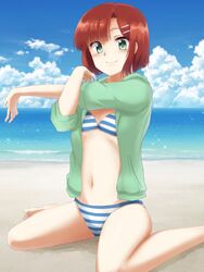  bad_id bad_pixiv_id beach bikini brown_hair cross-body_stretch day feet_out_of_frame female green_eyes hair_ornament hairclip navel original outdoors short_hair solo stretching striped_bikini striped_clothes swimsuit type-alpha 