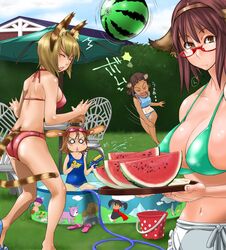  4girls ball beach_ball bikini blonde_hair brown_hair dark_skin hairband kemonomimi megane mizugi one-piece_swimsuit pool tagme tanlines tanned vorpal-duck watergun watermelon 