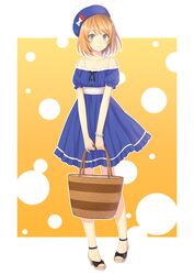  bag bare_shoulders blush commentary_request female green_eyes handbag hat high_heels kuro_(chrono) orange_hair orangina sandals shoes short_hair smile solo 