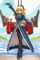  absurdres atago_(kancolle) black_pantyhose blonde_hair breasts commentary_request female gloves green_eyes hat hayami_jin highres kantai_collection large_breasts legs long_hair military military_uniform open_mouth pantyhose solo traditional_media uniform water 