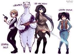  3girls alpaca black_hair breasts brown_hair chewbacca cloak commentary completion_time cosplay energy_sword english_commentary flat_chest greedo greedo_(cosplay) gun han_solo han_solo_(cosplay) handgun hands_on_own_hips hood jedi koizumi_hanayo large_breasts lightsaber long_hair love_live! love_live!_school_idol_project low_twintails maullarmaullar multiple_girls obi-wan_kenobi obi-wan_kenobi_(cosplay) pun purple_eyes purple_hair red_eyes rifle short_hair short_twintails star_wars sword thighhighs tojo_nozomi twintails weapon wide_hips yazawa_nico 