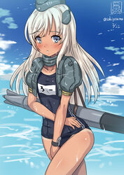  adapted_costume bare_shoulders blue_eyes blue_sky blush bracelet cloud commentary_request cosplay covering_crotch covering_privates cowboy_shot cropped_jacket day female garrison_cap hat headgear jewelry kantai_collection long_hair looking_at_viewer military_hat name_tag one-piece_swimsuit parted_lips photoshop_(medium) puffy_short_sleeves puffy_sleeves ro-500_(kancolle) sakiyamama school_swimsuit self_cosplay short_sleeves sky solo swimsuit swimsuit_under_clothes tan tanlines torpedo twitter_username u-511_(kancolle) u-511_(kancolle)_(cosplay) wet white_hair 