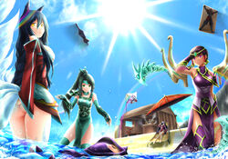  4boys 4girls ahri_(league_of_legends) akali akali_(legacy) ass beach beach_chair beach_umbrella commentary_request day fox_tail green_eyes highres irelia karma_(league_of_legends) kennen league_of_legends lee_sin long_hair makishima_rin multiple_boys multiple_girls no_panties photoshop_(medium) ponytail purple_eyes shen_(league_of_legends) short_hair tail thighhighs udyr umbrella wet yellow_eyes zed_(league_of_legends) 