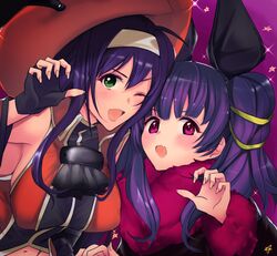  2girls animal_ears bat_ears black_gloves blue_hair breasts commentary_request fake_animal_ears fingerless_gloves fire_emblem fire_emblem:_path_of_radiance fire_emblem:_the_sacred_stones fire_emblem_heroes fur_trim gloves green_eyes halloween halloween_costume headband highres large_breasts long_hair long_sleeves mia_(fire_emblem) mia_(halloween)_(fire_emblem) multi-tied_hair multiple_girls myrrh_(fire_emblem) myrrh_(halloween)_(fire_emblem) one_eye_closed open_mouth partial_commentary purple_background purple_hair red_eyes simple_background sou_mei twintails white_headband 