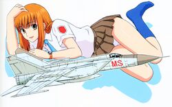  absurdres aircraft airplane arm_support blue_necktie blue_socks brown_eyes brown_hair collared_shirt crotch_seam doi_shizuha female full_body grey_skirt highres long_hair looking_at_viewer lying meteor_sweepers_uniform mig-25 necktie official_art on_side open_mouth panties pantyshot photoshop_(medium) pleated_skirt school_uniform shirt simple_background skirt socks solo stratos_4 underwear uniform vehicle_focus watch white_panties white_shirt wristwatch yamauchi_noriyasu 