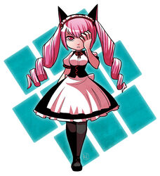  akiha_rumiho animal_ears black_pantyhose cat_ears commentary drill_hair female full_body hand_over_eye long_hair maid maid_headdress mary_cagle pantyhose pink_eyes pink_hair solo steins;gate twin_drills underbust 