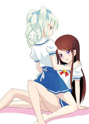  2girls aikatsu! aikatsu!_(series) bad_id bad_pixiv_id barefoot brown_hair cowgirl_position drill_hair green_eyes green_hair hands_on_shoulders kneeling long_hair multiple_girls photoshop_(medium) puffy_short_sleeves puffy_sleeves red_eyes school_uniform shibuki_ran short_sleeves sitting skirt starlight_academy_school_uniform straddling todo_yurika twin_drills twintails yuu_(derodero) 