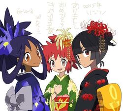  3girls black_hair higana_(pokemon) iris_(pokemon) manon_(pokemon) multiple_girls nintendo pokemon pokemon_(anime) pokemon_(game) red_eyes red_hair smile 