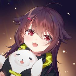  :3 :d ahoge animal bangs black_jacket blush brown_eyes brown_hair dutch_angle eyebrows_visible_through_hair fish_hair_ornament girls_frontline hair_between_eyes hair_flaps hair_ornament holding holding_animal jacket looking_at_viewer lowres oerba_yun_fang open_mouth p226_(girls_frontline) philomelalilium seal smile solo 