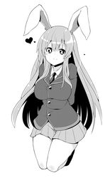  animal_ears arms_behind_back bad_id bad_pixiv_id blazer breasts commentary_request extra_ears female greyscale heart highres jacket large_breasts long_hair looking_at_viewer monochrome rabbit_ears reisen_udongein_inaba shirokuma_(nankyoku) skirt smile solo touhou 