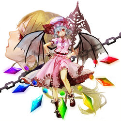  2girls ankle_cuffs bat_wings blonde_hair blue_hair bow chains commentary crystal dress flandre_scarlet hands_on_own_hips hat hat_bow head_tilt jewelry long_hair mob_cap multiple_girls nokuran photoshop_(medium) polearm red_eyes remilia_scarlet short_hair side_ponytail slit_pupils solo_focus spear spear_the_gungnir touhou weapon wings wrist_cuffs 