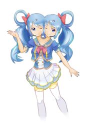  blue_hair conjoined female hairpin idol ribbon stocking swallowtail twintails two_heads wink 