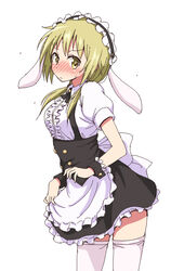  animal_ears apron black_hairband black_skirt blonde_hair blush breasts center_frills commentary_request cosplay fake_animal_ears female fleur_de_lapin_uniform frilled_apron frilled_hairband frilled_shirt frills gochuumon_wa_usagi_desu_ka? hairband headband ichii_yui kirima_syaro kirima_syaro_(cosplay) large_breasts lolita_hairband long_hair looking_at_viewer maid maid_apron maid_headdress mel_(melty_pot) miniskirt puffy_short_sleeves puffy_sleeves rabbit_ears shirt short_sleeves skirt solo thighhighs underbust waist_apron white_apron white_shirt white_thighhighs yellow_eyes yuyushiki 