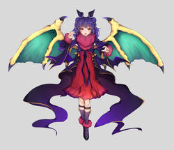  airdoor animal_ears bat_ears commentary_request dragon_wings dress fake_animal_ears female fire_emblem fire_emblem:_the_sacred_stones fire_emblem_heroes full_body fur_trim grey_background halloween halloween_costume highres long_sleeves multi-tied_hair myrrh_(fire_emblem) myrrh_(halloween)_(fire_emblem) open_mouth purple_hair red_eyes simple_background solo standing twintails wings 