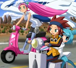  1boy 2girls blue_eyes blue_hair green_eyes jovi_(pokemon) lovrina_(pokemon) lowres lugia michael_(pokemon) motor_vehicle multiple_girls pink_hair pokemon pokemon_(creature) pokemon_xd red_hair scooter 