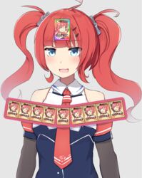  armor azur_lane bare_shoulders blue_eyes blue_vest breastplate card commentary complete_form detached_sleeves female fuki_to_takenoko hair_ornament hairclip kamen_rider kamen_rider_dcd necktie oerba_yun_fang parody red_hair red_necktie san_diego_(azur_lane) san_diego_(retrofit)_(azur_lane) shirt solo twintails vest white_shirt 