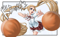  blonde_hair blue_eyes chuunibyou_demo_koi_ga_shitai! commentary_request dekomori_sanae female hair_weapon highres icho_private_high_school_uniform jigoku_inu jojo_no_kimyou_na_bouken long_hair open_mouth parody photoshop_(medium) plaid plaid_skirt school_uniform skirt solo twintails very_long_hair 