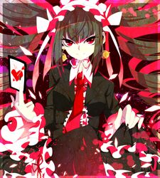  akibotann bad_id bad_pixiv_id black_hair card celestia_ludenberg crossed_legs danganronpa:_trigger_happy_havoc danganronpa_(series) dress drill_hair earrings female frills gothic_lolita hairband jewelry lolita_fashion lolita_hairband long_hair necktie pantyhose playing_card red_eyes sitting smile solo twin_drills twintails 