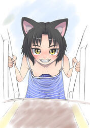  animal_ears bad_id bad_pixiv_id black_hair breasts cat_ears downblouse fangs female grin j7w kurona_(neko_musume_michikusa_nikki) leaning_forward neko_musume_michikusa_nikki no_bra short_hair small_breasts smile solo yellow_eyes 