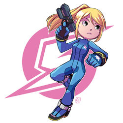  black_eyes blonde_hair blue_bodysuit bodysuit bracelet breasts chibi clenched_hand commentary emblem female finger_on_trigger full_body gloves gun hair_between_eyes hair_tie hand_up handgun high_heels high_ponytail holding holding_gun holding_weapon jewelry leg_lift logo looking_to_the_side mary_cagle medium_breasts metroid outline paralyzer parted_bangs parted_lips ponytail samus_aran serious sidelocks signature solo standing standing_on_one_leg stun_gun super_smash_bros. swept_bangs turtleneck weapon zero_suit 