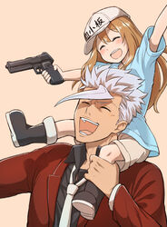  1boy :d bad_id bad_pixiv_id baseball_cap blush boots brown_hair carrying closed_eyes clothes_writing commentary contllenge crossover female grey_hair gun gundam gundam_tekketsu_no_orphans hair_between_eyes handgun hat hataraku_saibou laughing long_hair long_sleeves necktie open_mouth orga_itsuka platelet_(hataraku_saibou) short_hair_with_long_locks shoulder_carry smile weapon 